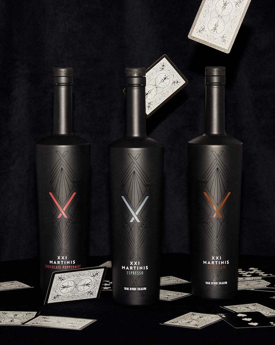 XXI Martini bottles and playing cards